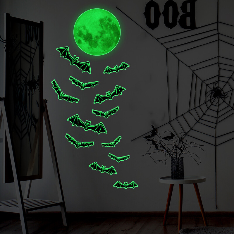 Svietiace netopierie mesiac Halloween Dekoratívne nástenné nálepky Obývacia izba Spálňa Pozadie Nástenné nálepky na Halloween