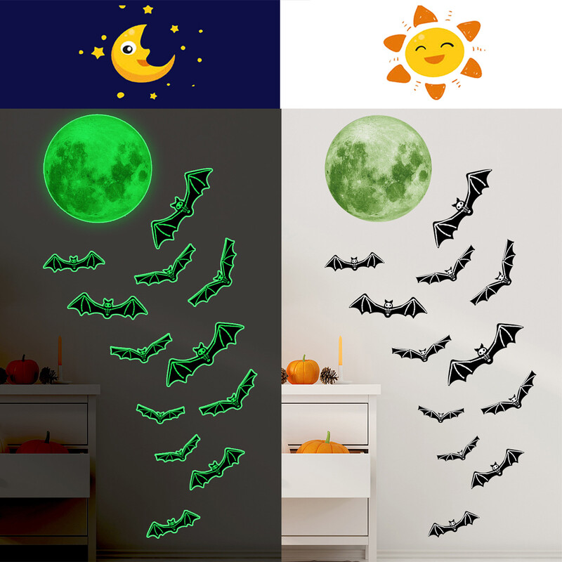 Svietiace netopierie mesiac Halloween Dekoratívne nástenné nálepky Obývacia izba Spálňa Pozadie Nástenné nálepky na Halloween