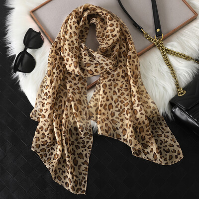 New Fashion 50*160cm Imprimare leopard șifon Georgette eșarfă de mătase femei Foulard frunze de lotus șal lung vară bandana elegantă