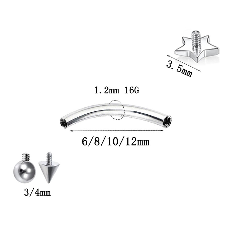 1Pcs F136 Titanium Obrve Stud Šiljasti konus Okrugla kugla Zvijezda Zakrivljena šipka Unutarnji navoj 16G Naušnice Nakit za piercing