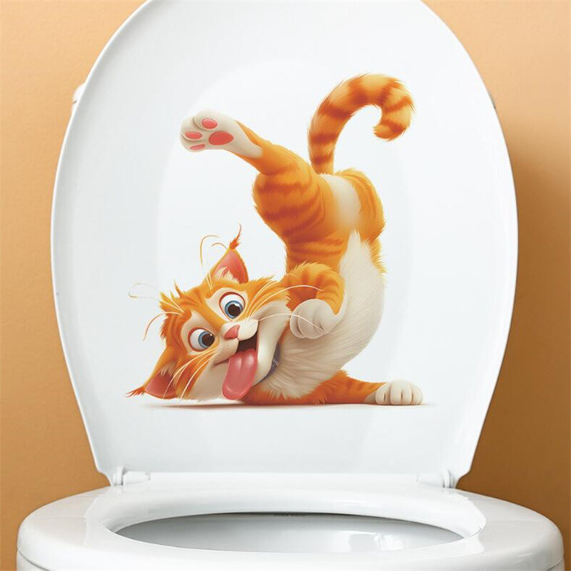 Juokingas geltonos katės tualeto lipdukas Vonios kambario puošmena Sienų lipdukas Žavingas vonios kambario dekoras Sienų lipdukas