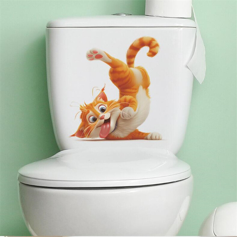 Juokingas geltonos katės tualeto lipdukas Vonios kambario puošmena Sienų lipdukas Žavingas vonios kambario dekoras Sienų lipdukas