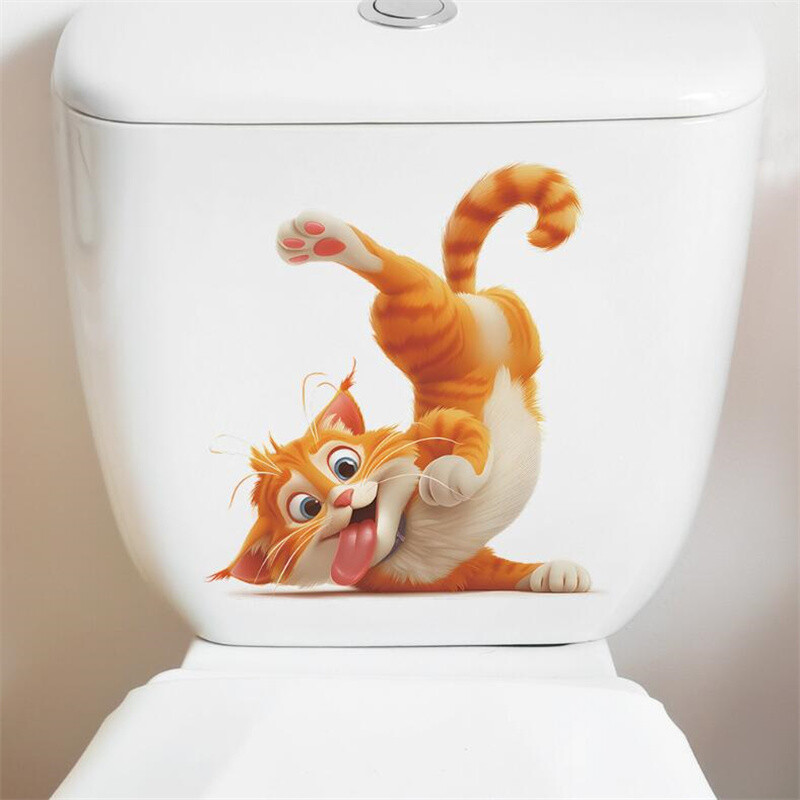 Juokingas geltonos katės tualeto lipdukas Vonios kambario puošmena Sienų lipdukas Žavingas vonios kambario dekoras Sienų lipdukas