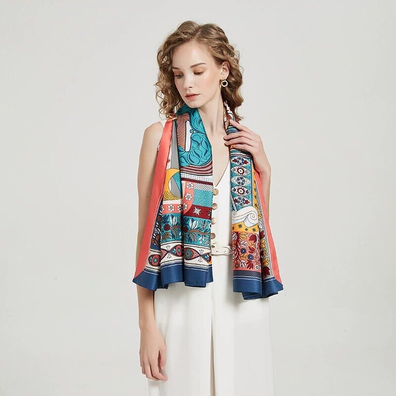 Toamnă și iarnă literă nouă cu plante de floarea soarelui Puzzle batic musulman pentru femei eșarfă din mătase imitație de sarg șal eșarf pătrat mare