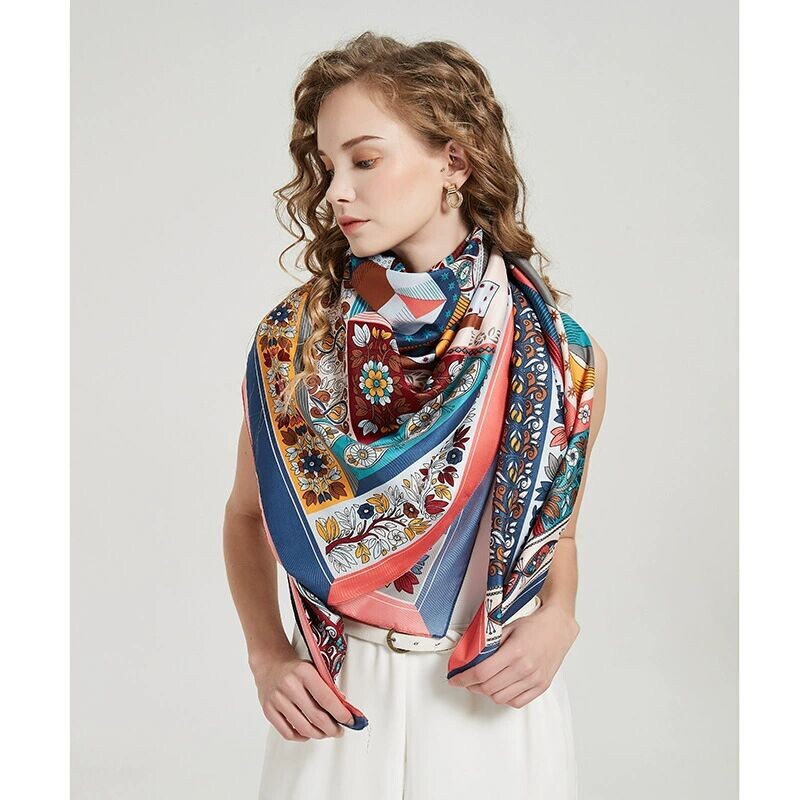 Toamnă și iarnă literă nouă cu plante de floarea soarelui Puzzle batic musulman pentru femei eșarfă din mătase imitație de sarg șal eșarf pătrat mare