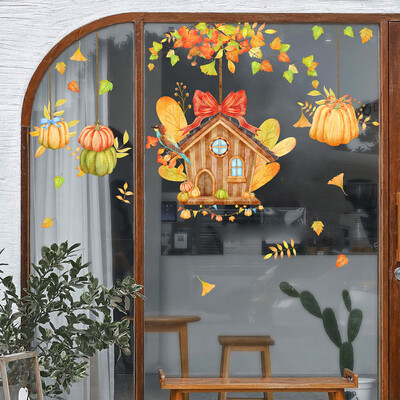 Maple Leaf Pumpkin House Window Електростатични стикери Хелоуин Деня на благодарността Есен Стикери за стена Декорация на всекидневна Тапети