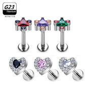 ASTM F136 G23 Titanium Labret Studs Tragus Lip Piercing Nakit za tijelo Nitne naušnice za žene Heart CZ Gornji unutarnji navoj