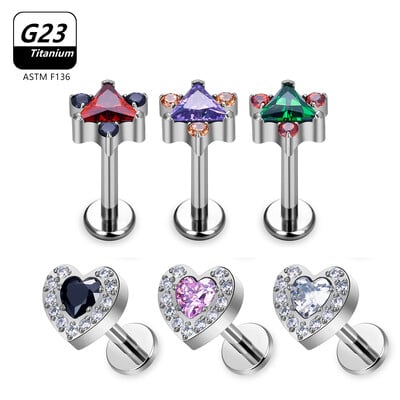 ASTM F136 G23 Titanium Labret Studs Tragus Lip Piercing Body Κοσμήματα καρφωτά σκουλαρίκια για γυναίκες Heart CZ Κορυφαίο εσωτερικό νήμα