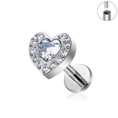 ASTM F136 G23 Titanium Labret Studs Tragus Lip Piercing Nakit za tijelo Nitne naušnice za žene Heart CZ Gornji unutarnji navoj