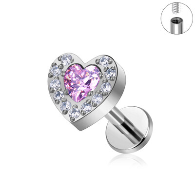 ASTM F136 G23 Titanium Labret Studs Tragus Lip Piercing Nakit za tijelo Nitne naušnice za žene Heart CZ Gornji unutarnji navoj