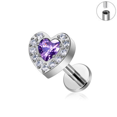 ASTM F136 G23 Titanium Labret Studs Tragus Lip Piercing Nakit za tijelo Nitne naušnice za žene Heart CZ Gornji unutarnji navoj