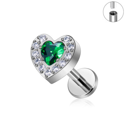 ASTM F136 G23 Titanium Labret Studs Tragus Lip Piercing Nakit za tijelo Nitne naušnice za žene Heart CZ Gornji unutarnji navoj