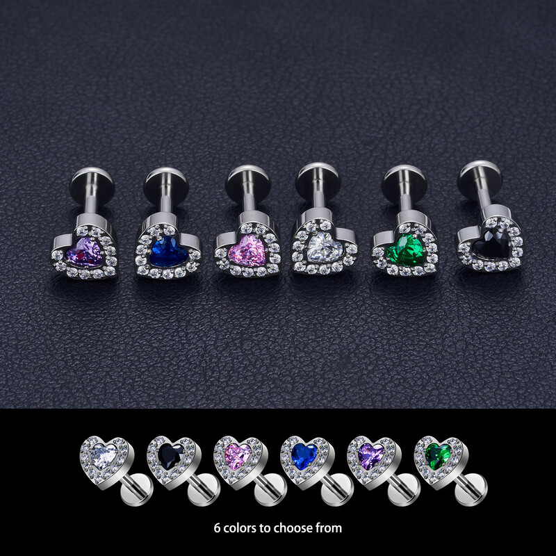 ASTM F136 G23 Titanium Labret Studs Tragus Lip Piercing Nakit za tijelo Nitne naušnice za žene Heart CZ Gornji unutarnji navoj