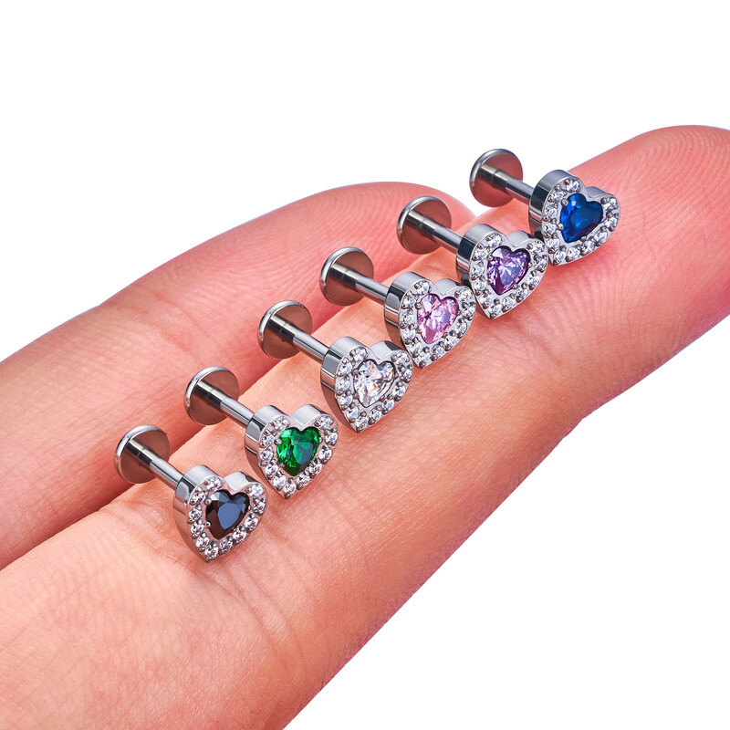ASTM F136 G23 Titanium Labret Studs Tragus Lip Piercing Nakit za tijelo Nitne naušnice za žene Heart CZ Gornji unutarnji navoj