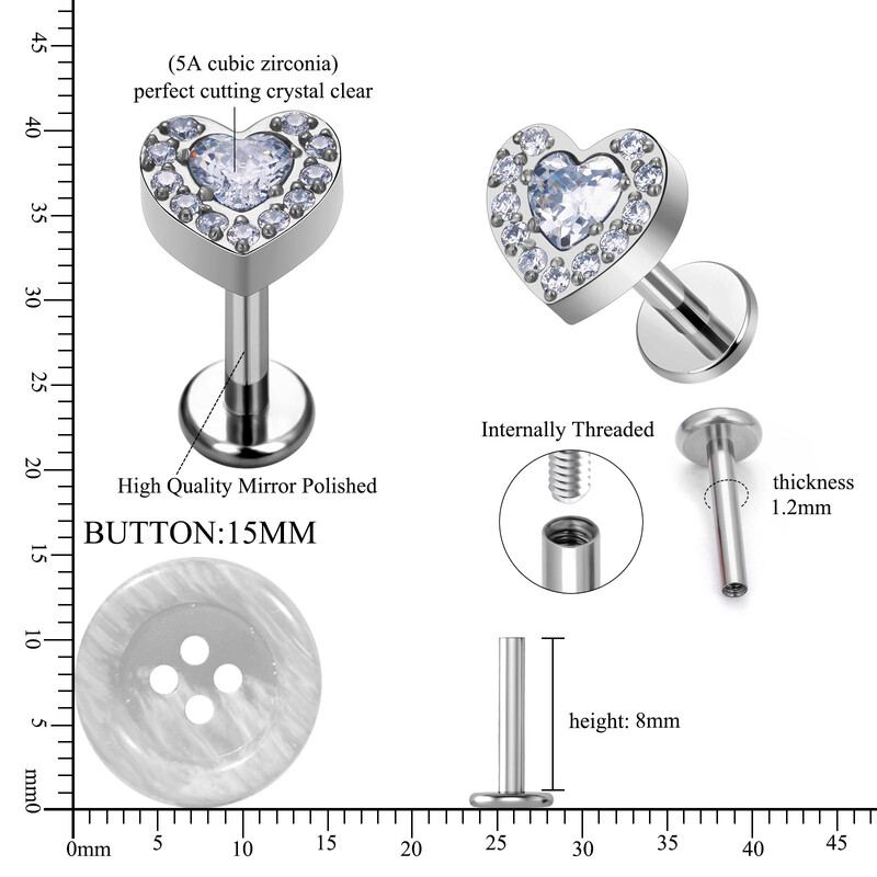 ASTM F136 G23 Titanium Labret Studs Tragus Lip Piercing Nakit za tijelo Nitne naušnice za žene Heart CZ Gornji unutarnji navoj