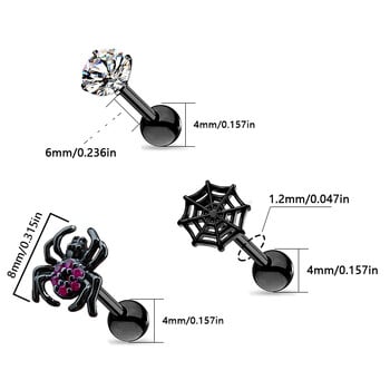 3 части Хелоуин обеци Черен паяк/Паяжина/Четири нокътя Циркон трагус хрущялни обеци за жени, неръждаема стомана