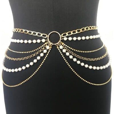 Fashion Concise Multi-layerImitation Pearl Ma`am Rhinestone Αξεσουάρ φόρεμα με αλυσίδα στη μέση της κοιλιάς Αξεσουάρ γοτθικού έθνικ στυλ