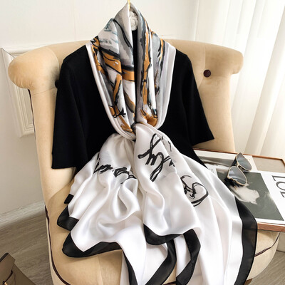 Нов шал с верига 180X90CM в корейски стил Слънцезащитен печат Копринен шал Моден висококачествен шал за плажна кърпа Лятна прахоустойчива бандана