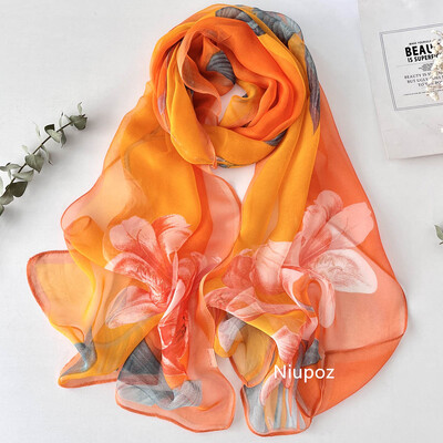 Prechodová potlač ľalie Pekné ženy Elegantný šifónový Georgette Bandana šatka Letná plážová opaľovací krém Tenká šatka