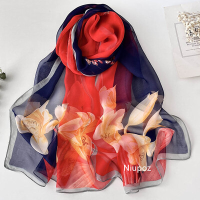 Prechodová potlač ľalie Pekné ženy Elegantný šifónový Georgette Bandana šatka Letná plážová opaľovací krém Tenká šatka