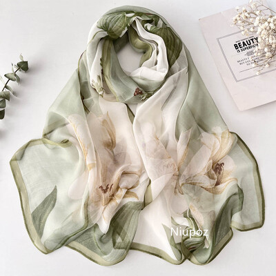 Prechodová potlač ľalie Pekné ženy Elegantný šifónový Georgette Bandana šatka Letná plážová opaľovací krém Tenká šatka