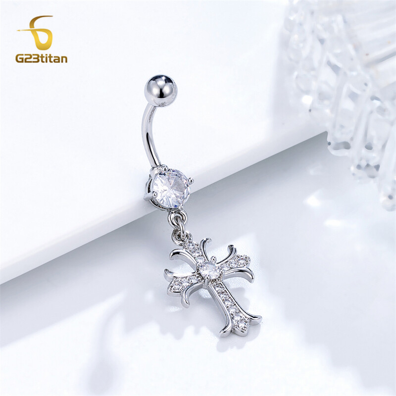 Lesklý strieborný zirkónový kríž visiaci prsteň do pupka 14G titánový piercing do pupka pre ženy, sexy doplnky