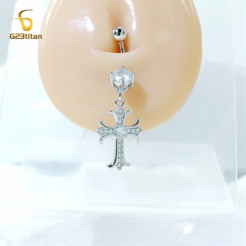 Lesklý strieborný zirkónový kríž visiaci prsteň do pupka 14G titánový piercing do pupka pre ženy, sexy doplnky