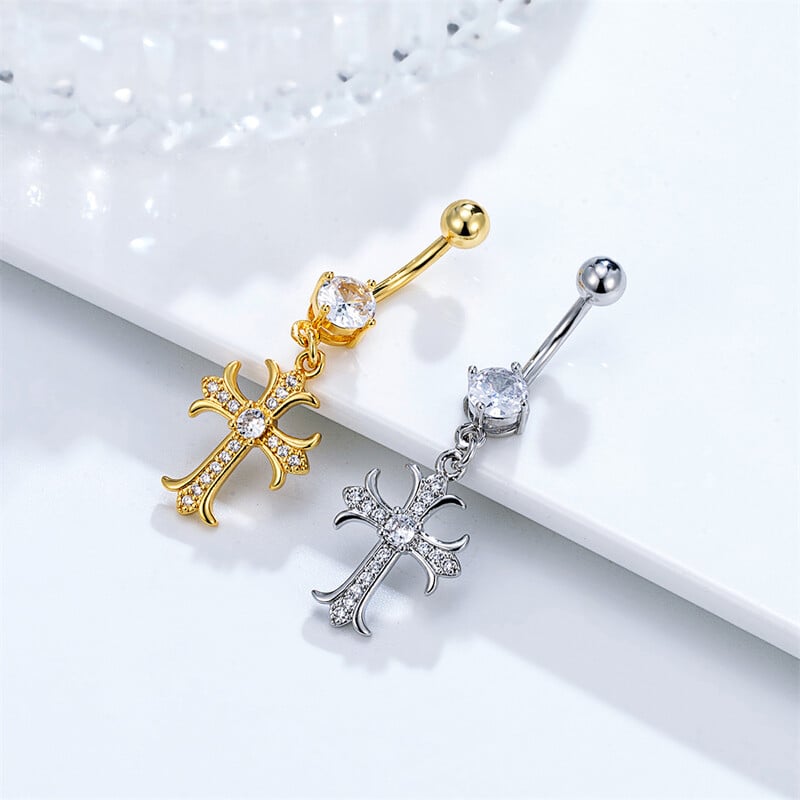Lesklý strieborný zirkónový kríž visiaci prsteň do pupka 14G titánový piercing do pupka pre ženy, sexy doplnky