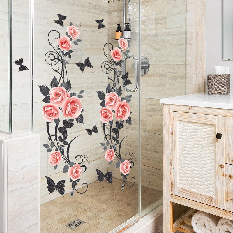 Šiuolaikiniai vonios kambario sienų lipdukai, rožių drugelio gėlė, vandeniui atsparūs stiklo lipdukai, skirti miegamojo tualeto namų dekoravimui „pasidaryk pats“