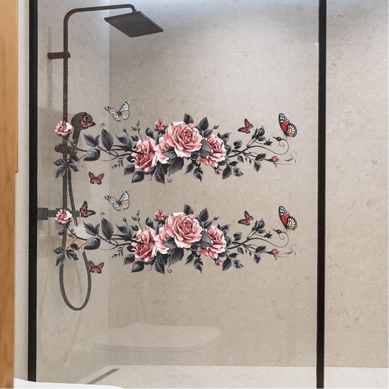 Šiuolaikiniai vonios kambario sienų lipdukai, rožių drugelio gėlė, vandeniui atsparūs stiklo lipdukai, skirti miegamojo tualeto namų dekoravimui „pasidaryk pats“