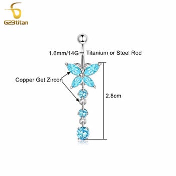 G23titan Crystal Zircon Butterfly Dangle Δαχτυλίδι με κοιλιά από τιτάνιο ή ατσάλινο μπάρα διάτρησης αφαλού Κοσμήματα Γυναικεία αξεσουάρ σώματος