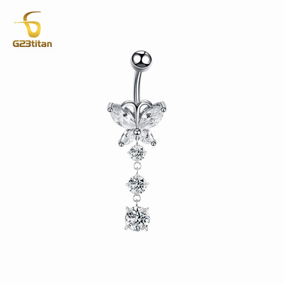Piercing do pupka z titánu alebo ocele s krištáľovým zirkónom G23, dámske doplnky do tela, piercing do pupka s motýľom a zirkónom.