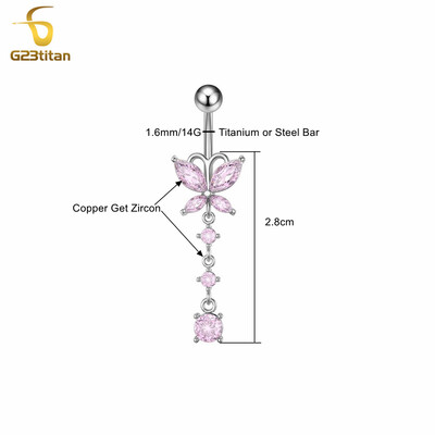 Piercing do pupka z titánu alebo ocele s krištáľovým zirkónom G23, dámske doplnky do tela, piercing do pupka s motýľom a zirkónom.