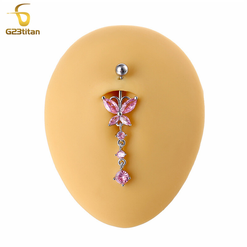 Piercing do pupka z titánu alebo ocele s krištáľovým zirkónom G23, dámske doplnky do tela, piercing do pupka s motýľom a zirkónom.