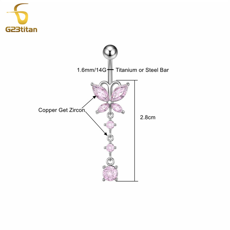 Piercing do pupka z titánu alebo ocele s krištáľovým zirkónom G23, dámske doplnky do tela, piercing do pupka s motýľom a zirkónom.