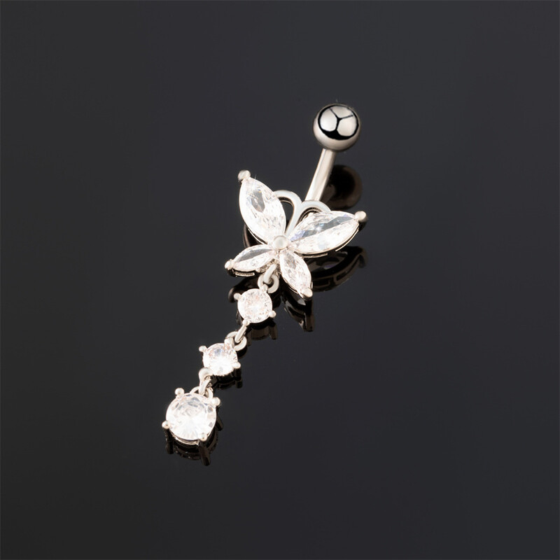 Piercing do pupka z titánu alebo ocele s krištáľovým zirkónom G23, dámske doplnky do tela, piercing do pupka s motýľom a zirkónom.