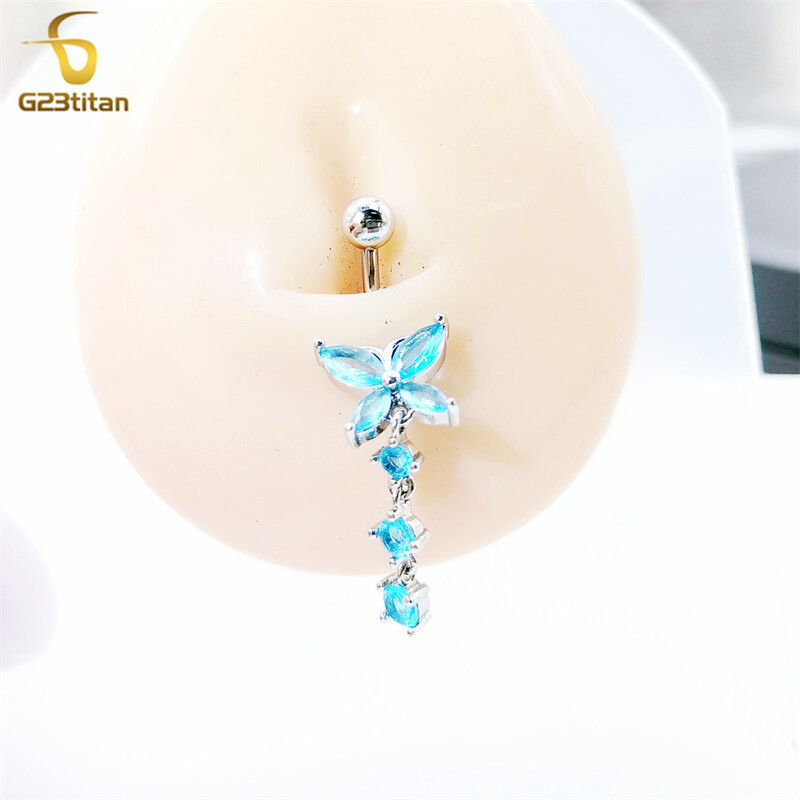 Piercing do pupka z titánu alebo ocele s krištáľovým zirkónom G23, dámske doplnky do tela, piercing do pupka s motýľom a zirkónom.