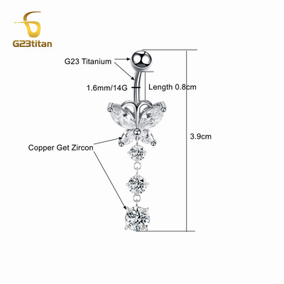 G23 Titanium Barbell Piercing Buric Inel Argintiu Cristal Fluture Piercing Buric 14G Bijuterii pentru corp Accesorii pentru femei