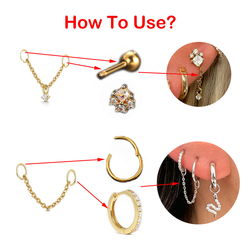 1PC Link Chain naušnice za piercing u nosu s okruglim privjeskom od cirkona Ins Modni zlatni lančići za piercing Nakit za tijelo