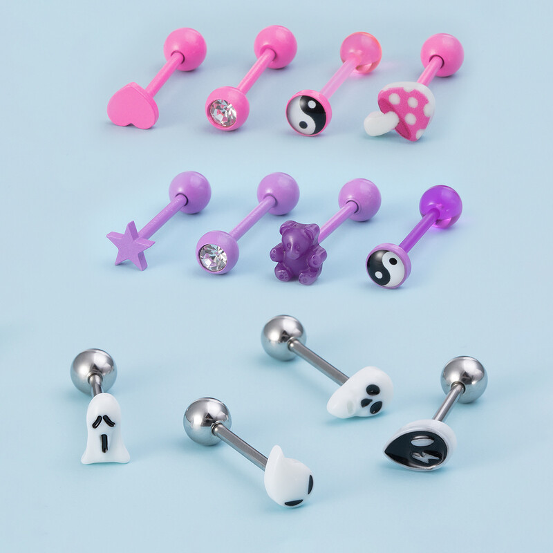 Piercing do jazyka s 4 ks medvedíkom, srdcom Yin Yang, činkou, roztomilým štýlom, šperky na telo, halloweenska dekorácia, 14 Gauge