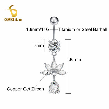 G23titan Zircon Водна капка Висящ пръстен за пъпа 6-16 mm Титан или стоманена лента Бижута за пиърсинг на пъпа Дамски аксесоари за тяло