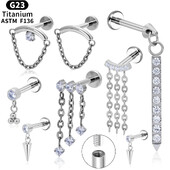 Piercing do tela s plochým chrbtom, piercing do chrupavky s retiazkou z CZ helixu a strapca z ASTM F136, klasika.