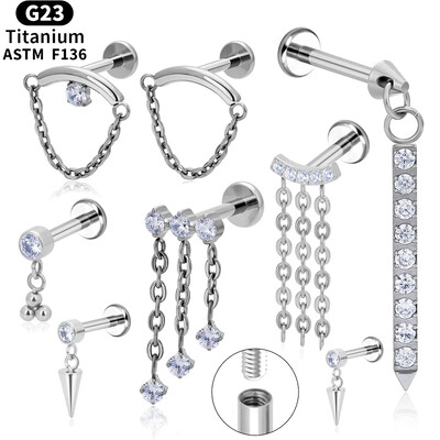 ASTM F136 titan 16G ciucuri lanț cercei CZ Helix cartilaj Conch Labret buză spate plat Piercing corp bijuterii clasice