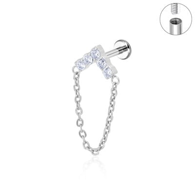 Piercing do tela s plochým chrbtom, piercing do chrupavky s retiazkou z CZ helixu a strapca z ASTM F136, klasika.