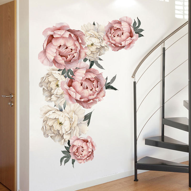 71,5 x 102 cm Autocolante de perete cu flori de bujor roz mari, flori romantice, decor pentru dormitor, sufragerie, autocolante de perete din vinil DIY