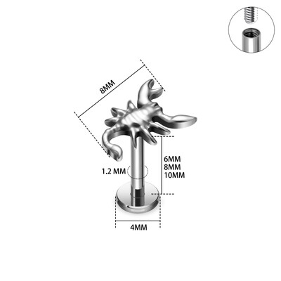 G23 titán piercing skorpió cápa pillangó alakú 16 g labret orr fülcsavar Tragus Helix porc fülbevaló női test ékszer