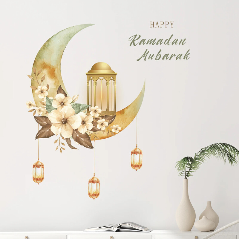 Akvarell virágos holdlámpa Ramadan Fesztivál fali matricák levehető hálószoba nappali dekorációs falmatricákhoz