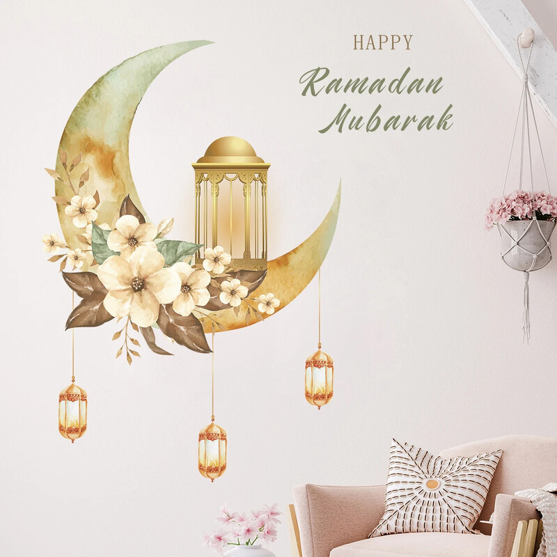 Akvarell virágos holdlámpa Ramadan Fesztivál fali matricák levehető hálószoba nappali dekorációs falmatricákhoz
