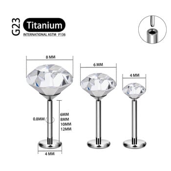 ASTM F136 Титаниев щифт без резба PIERC Щипки за устни за уши с кръгла горна част CZ Labret Щипка за нос Обеци с резба Пиърсинг на тялото