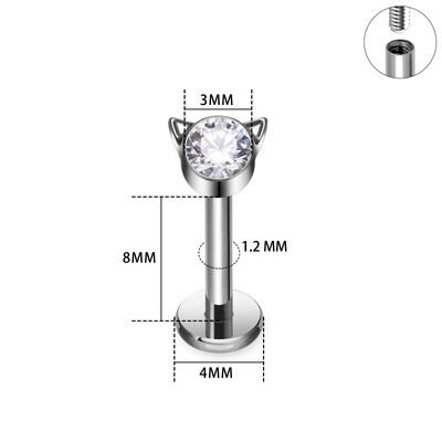 Piercing do nosa s kubickým zirkónom G23 ASTM F136 s mačacou tvárou, labret, tragus, chrupavka, lalok, šperky pre ženy.